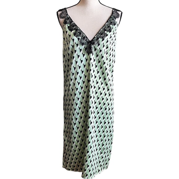 Future Collective Green Black Geometric Lace Trim Satin Slip Dress Women's XS - Picture 2 of 12